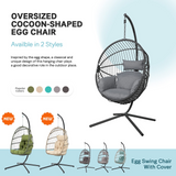 Indoor Outdoor Egg Swing Chair with Stand, Oversized Cocoon-Shaped Rope Woven Hanging Chair W/ Cushion, Safety Strap, Grey