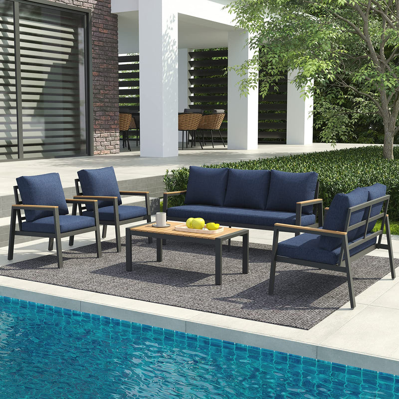 JOIVI Aluminum Patio Furniture Set, 5 Pieces Outdoor Conversation Set with Teak Wood Top Coffee Table, Sectional Sofa Set with Wood Armrest and Cushions for Outside Poolside, Lawn, Backyard,