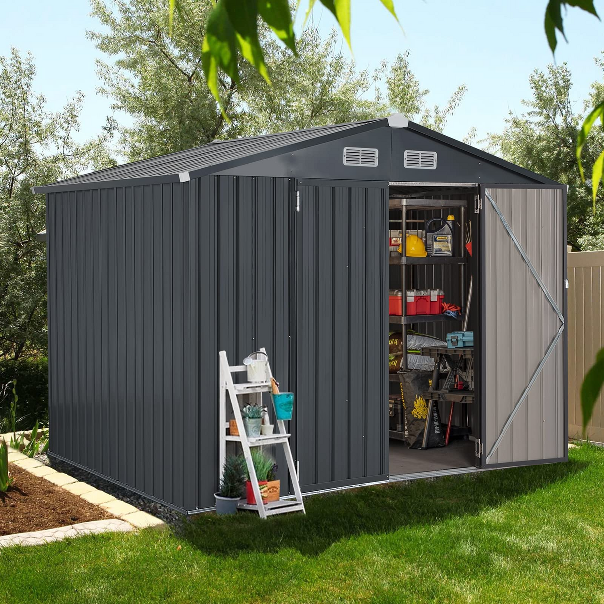 Outdoor Storage Shed, Galvanized Metal Garden Shed W/Lockable Door, Small Waterproof Storage Shed, Black