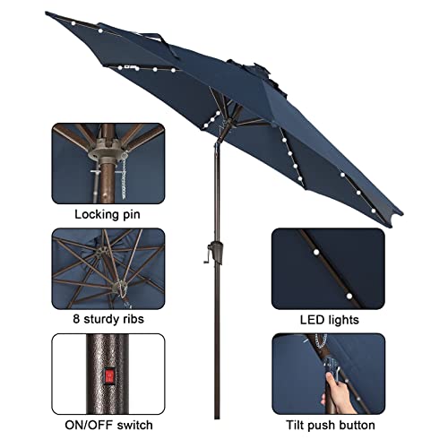 9Ft Solar Patio Umbrella with Base Included, 32 LED Lighted Outdoor Table Market Umbrella with Umbrella Stand Weights