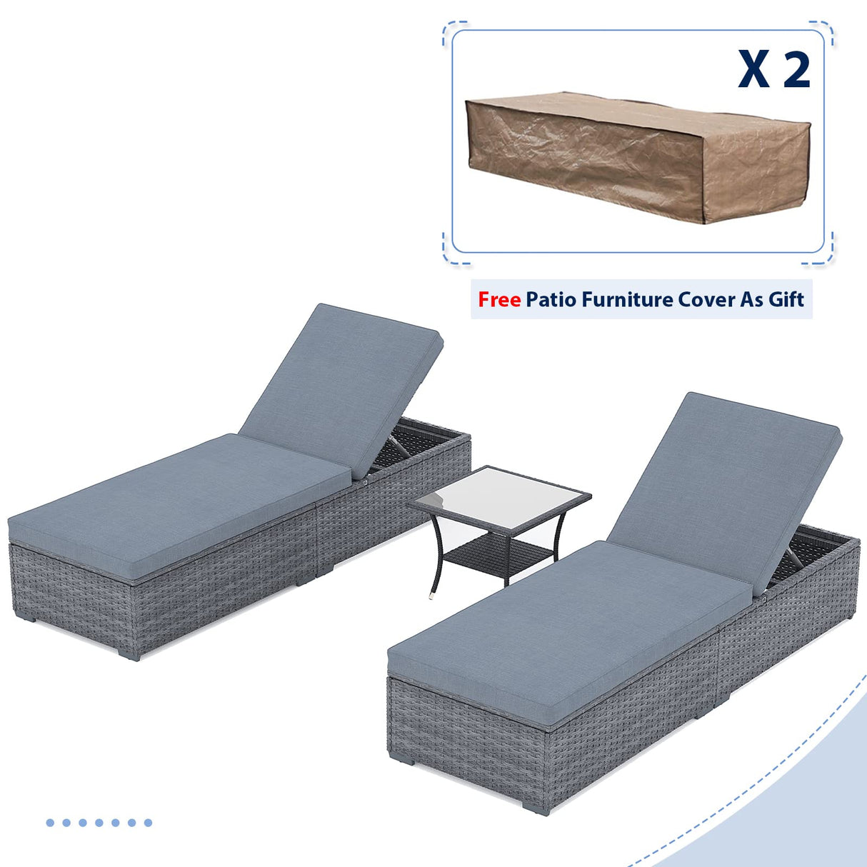 JOIVI Outdoor Chaise Lounge Chair, 3 Piece Patio Pool Lounge Chairs with Coffee Table & Covers for Outside, Rattan Reclining Chaise Lounger with Adjustable Backrest and Removable Cushion