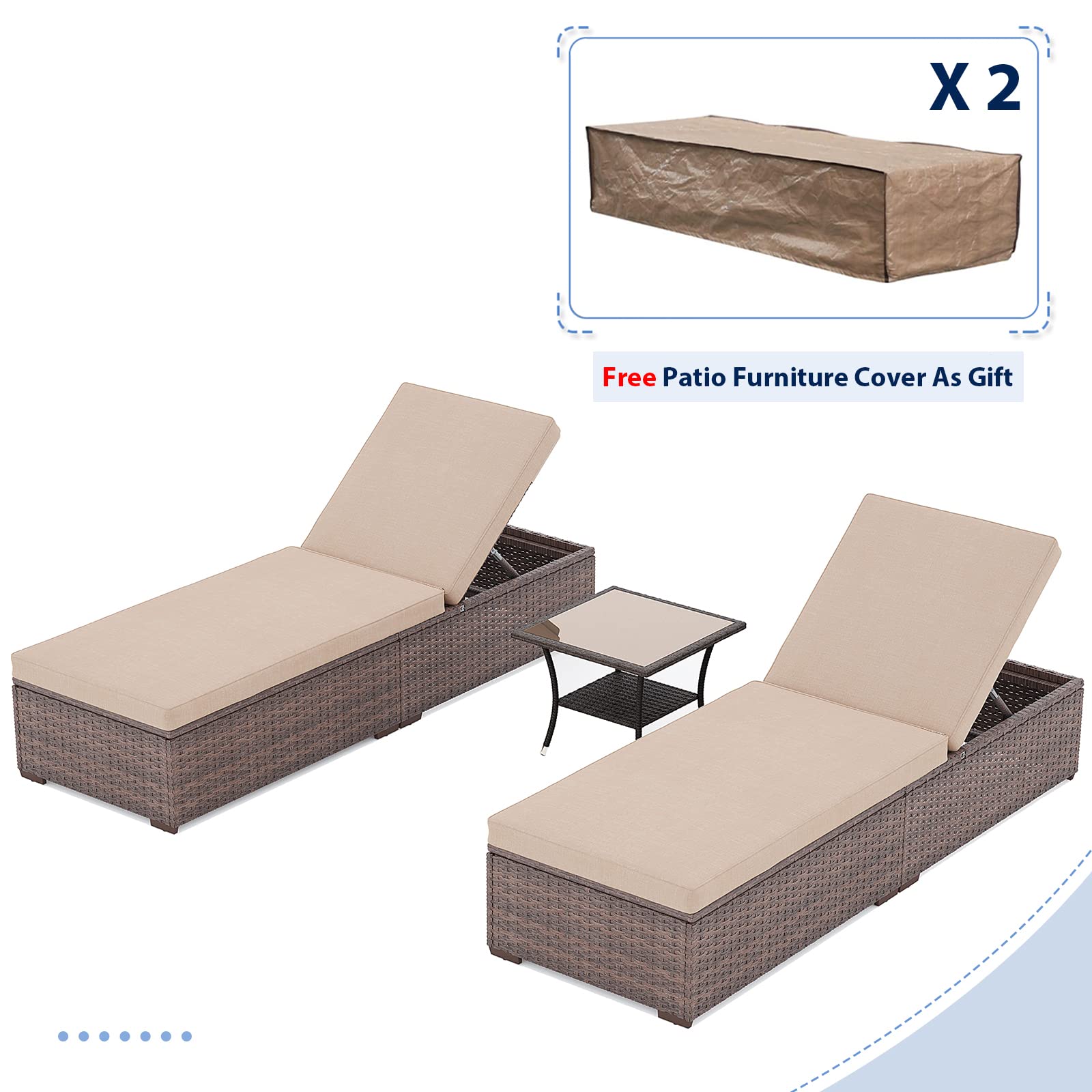 JOIVI Outdoor Chaise Lounge Chair 3 Piece Patio Pool Lounge Chairs wi