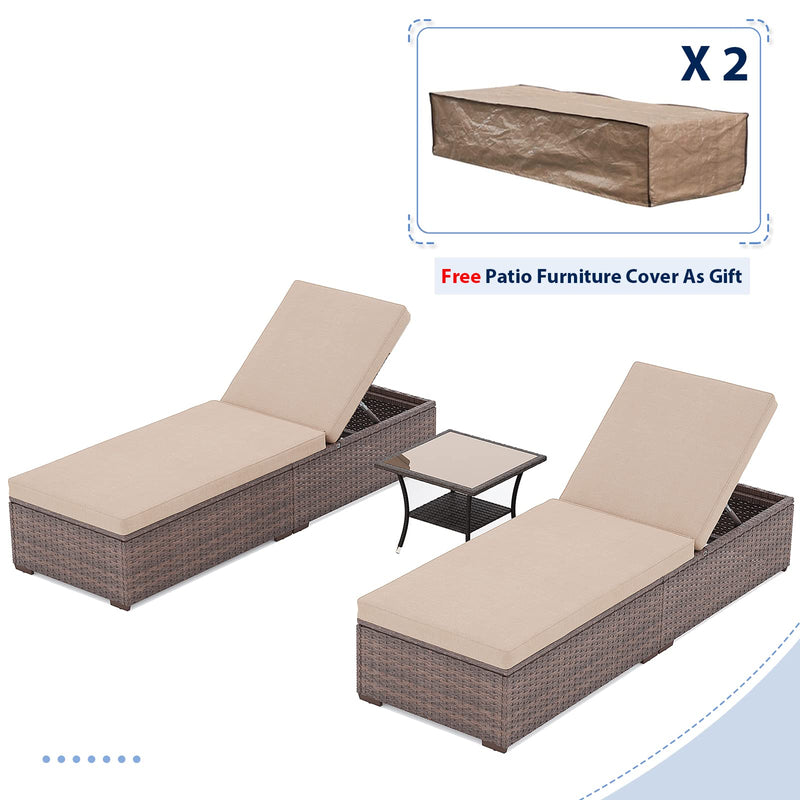 JOIVI Outdoor Chaise Lounge Chair, 3 Piece Patio Pool Lounge Chairs with Coffee Table & Covers for Outside, Rattan Reclining Chaise Lounger with Adjustable Backrest and Removable Cushion