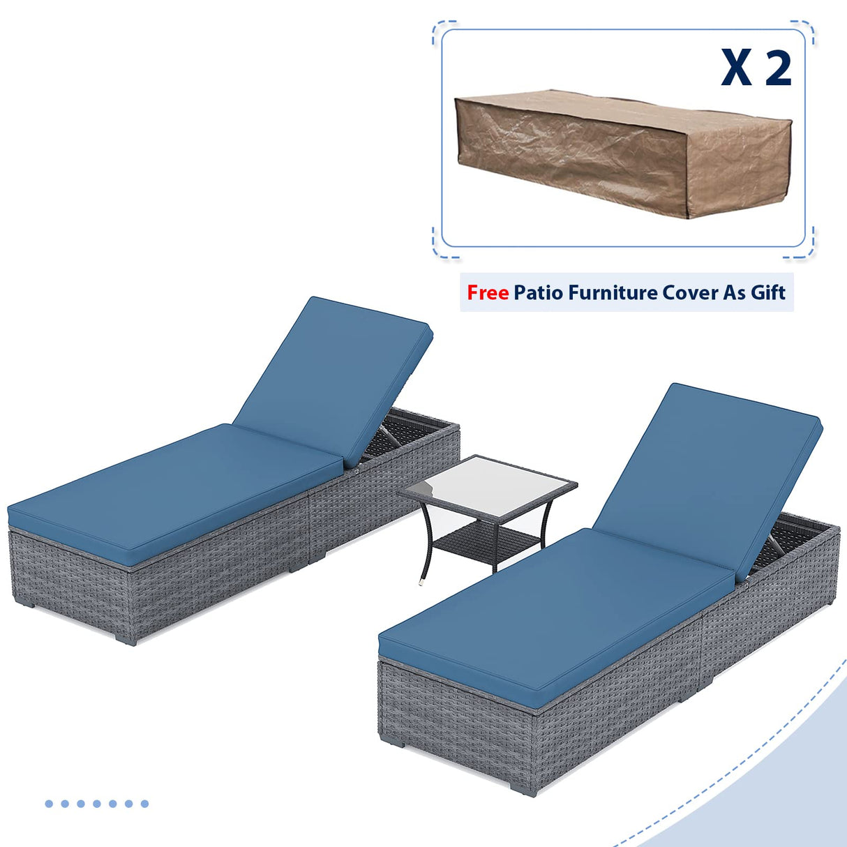 JOIVI Outdoor Chaise Lounge Chair, 3 Piece Patio Pool Lounge Chairs with Coffee Table & Covers for Outside, Rattan Reclining Chaise Lounger with Adjustable Backrest and Removable Cushion