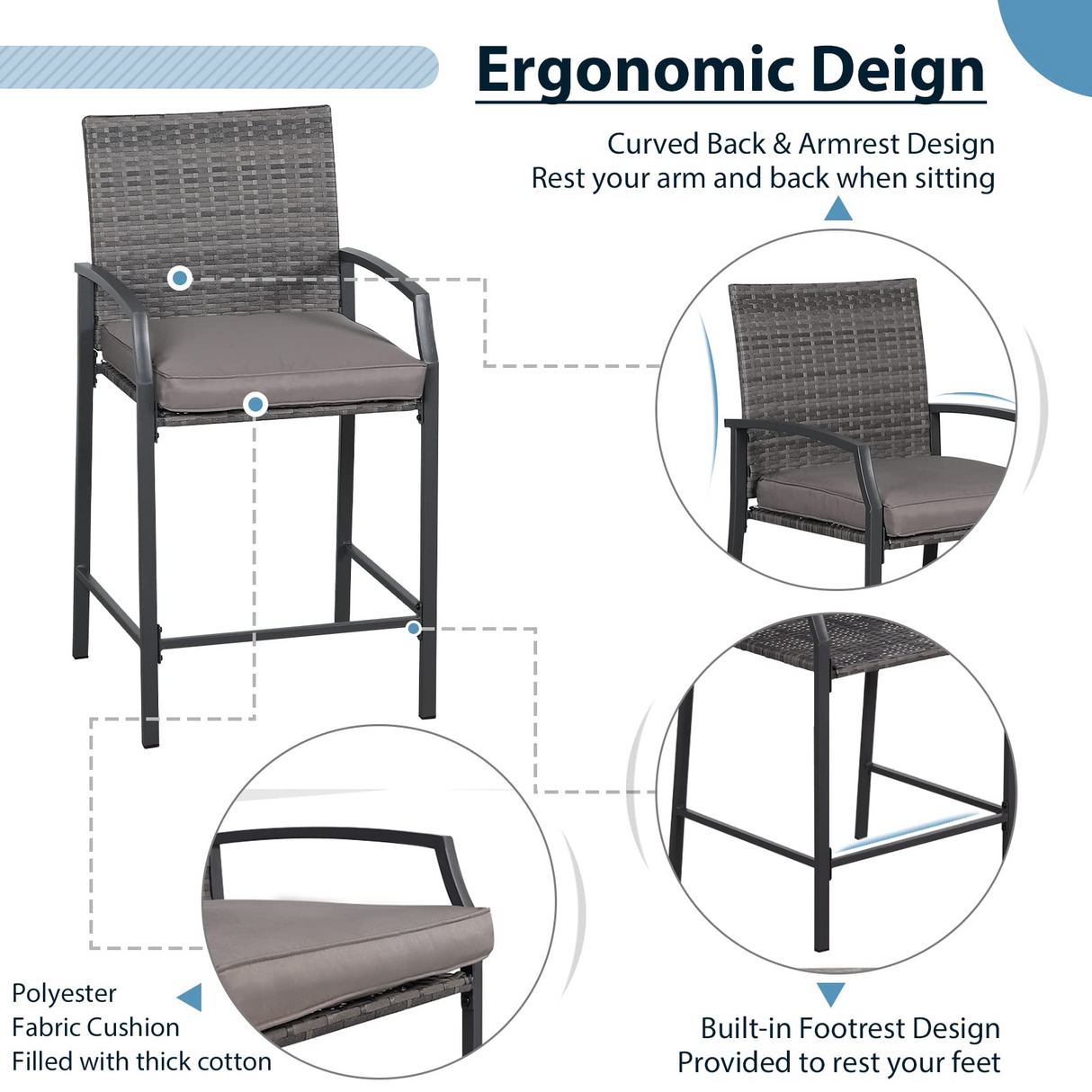 JOIVI 3 Piece Patio Bar Set, Outdoor Wicker Counter Height Bar Stools