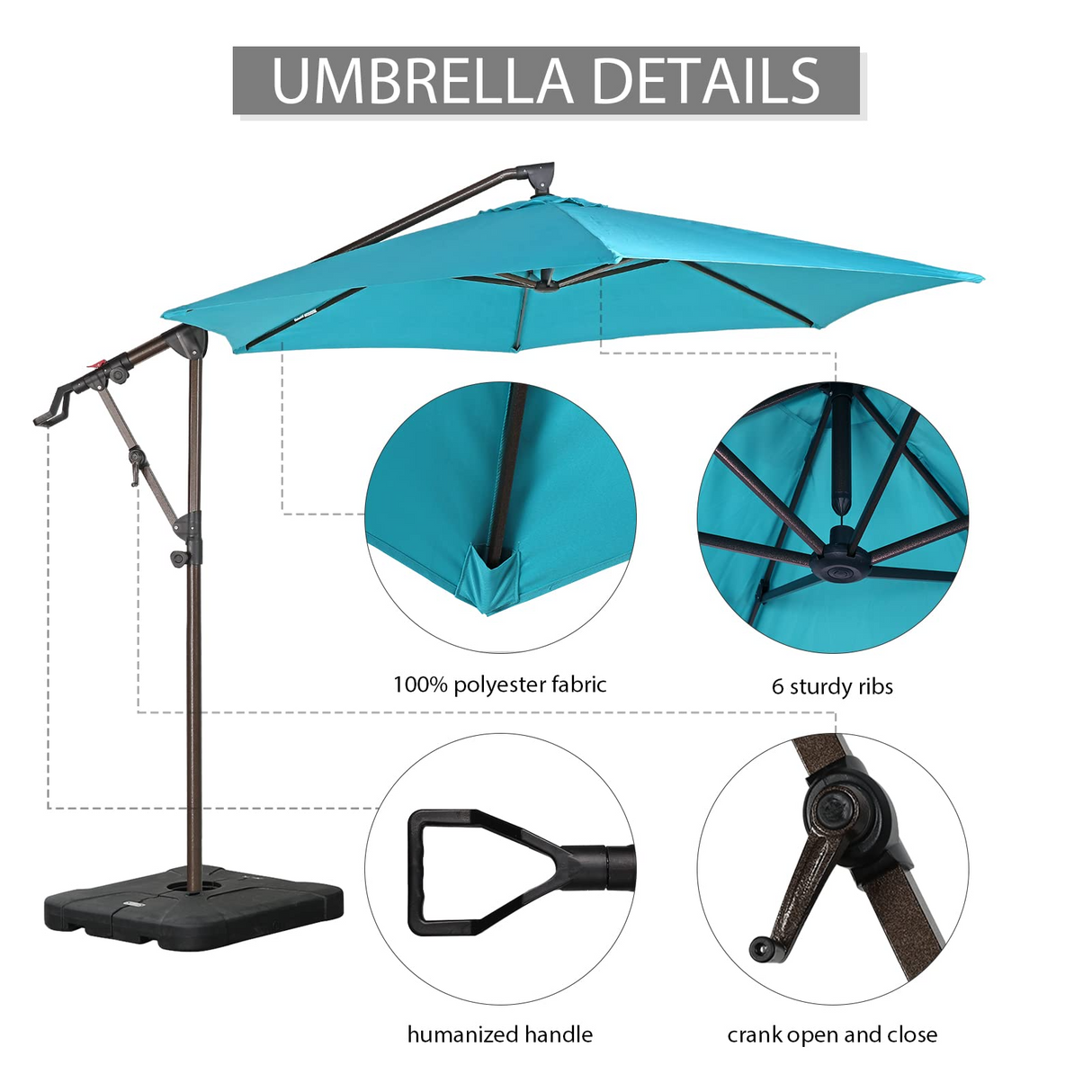 10ft Offset Patio Umbrella with Base Included, Hanging Outdoor Umbrella with Water Sand Filled Umbrella Stand Weights