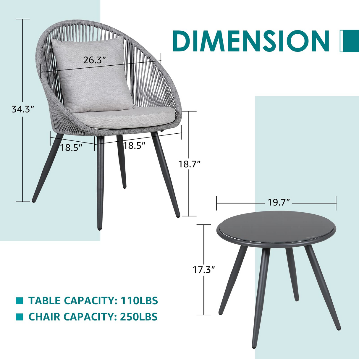 3 Piece Patio Bistro Set, Outdoor Woven Rope Conversation Balcony Furniture Set with Glass Top Table and Cushioned Chairs for Garden, Backyard, Deck, Poolside