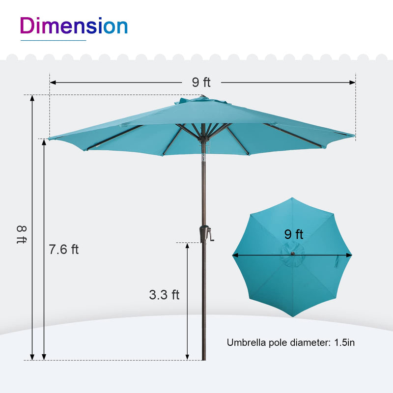 Patio Umbrella Outdoor Table Umbrella of 9-Feet with 8 Ribs and Push Button Tilt and Crank