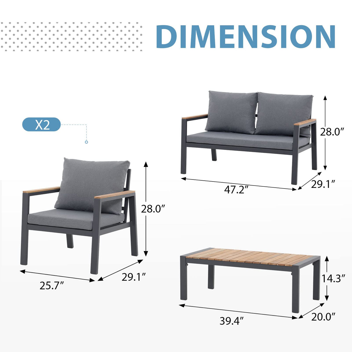 JOIVI Aluminum Patio Furniture Set, 4 Pieces Outdoor Conversation Set with Teak Wood Top Coffee Table, Sectional Sofa Set with Wood Armrest and Cushions for Outside Poolside, Lawn, Backyard, Gray