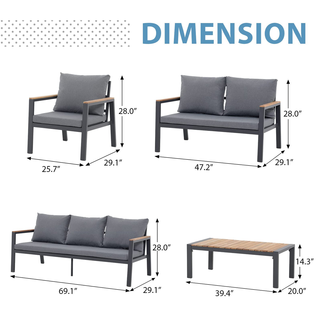 JOIVI Aluminum Patio Furniture Set, 5 Pieces Outdoor Conversation Set with Teak Wood Top Coffee Table, Sectional Sofa Set with Wood Armrest and Cushions for Outside Poolside, Lawn, Backyard,