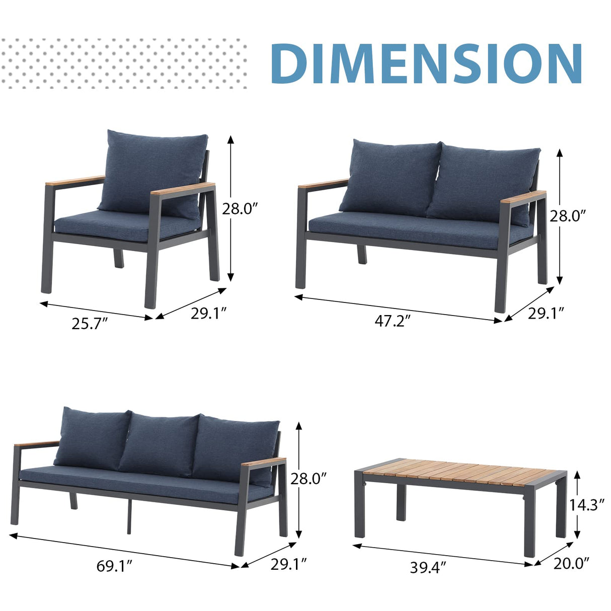 JOIVI Aluminum Patio Furniture Set, 5 Pieces Outdoor Conversation Set with Teak Wood Top Coffee Table, Sectional Sofa Set with Wood Armrest and Cushions for Outside Poolside, Lawn, Backyard,