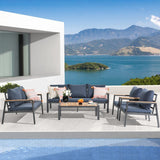 JOIVI Aluminum Patio Furniture Set, 5 Pieces Outdoor Conversation Set with Teak Wood Top Coffee Table, Sectional Sofa Set with Wood Armrest and Cushions for Outside Poolside, Lawn, Backyard,