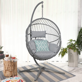 Indoor Outdoor Egg Swing Chair with Stand, Oversized Cocoon-Shaped Rope Woven Hanging Chair W/ Cushion, Safety Strap, Grey