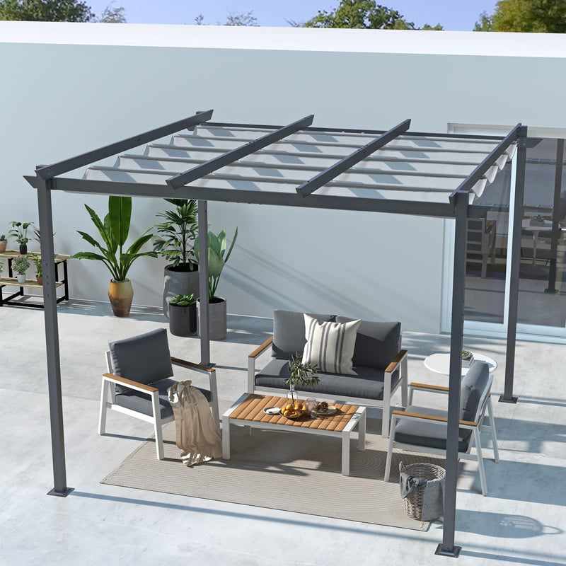 10' x 10' Outdoor Pergola, Aluminum Patio Shade Shelter with Retractable Canopy for Garden, Porch, Backyard, Gray