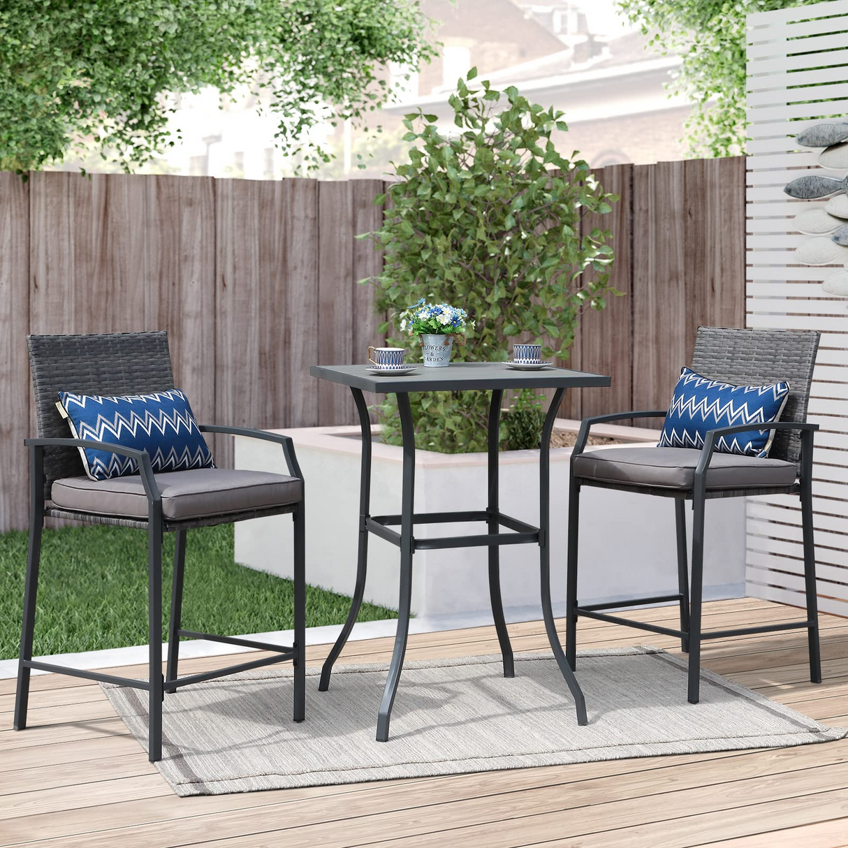 JOIVI 3 Piece Patio Bar Set, Outdoor Wicker Counter Height Bar Stools