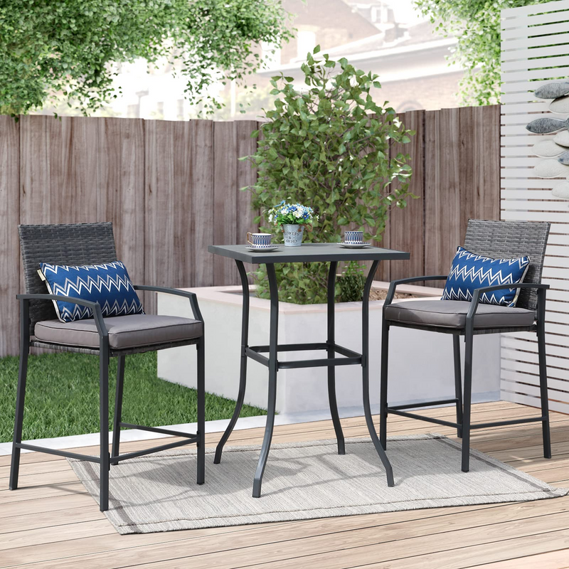 JOIVI 3 Piece Patio Bar Set, Outdoor Wicker Counter Height Bar Stools and Wood Top Table Set for 2 People, Bar Height Table Bistro Set with 2 Bar Chairs and Cushions for Backyard, Poolside, Balcony