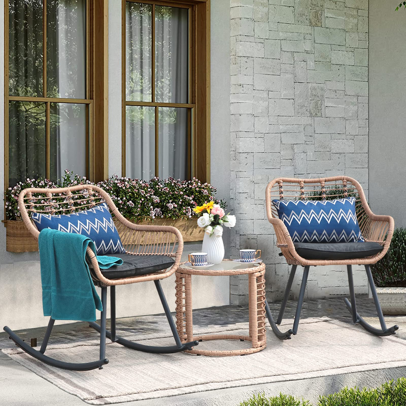 JOIVI 3 Piece Outdoor Furniture Rocking Bistro Set, All Weather Wicker Patio Rocking Chairs Conversation Set with Class Top Side Table and Cushions