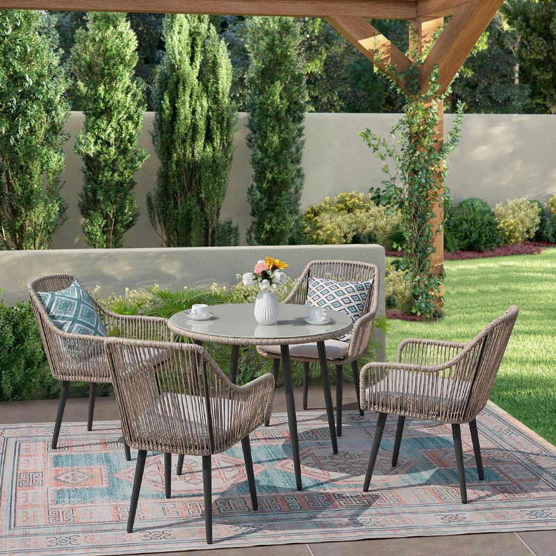 JOIVI 5 Piece Outdoor Dining Set, Wicker Patio Furniture Dining Table and Chairs Set with Cushions for 4 People, Tempered Glass Tabletop with 2.16” Umbrella Hole, for Lawn, Backyard, Balcony, Garden