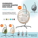 Indoor Outdoor Egg Swing Chair with Stand, Oversized Cocoon-Shaped Rope Woven Hanging Chair W/ Cushion, Safety Strap, Grey