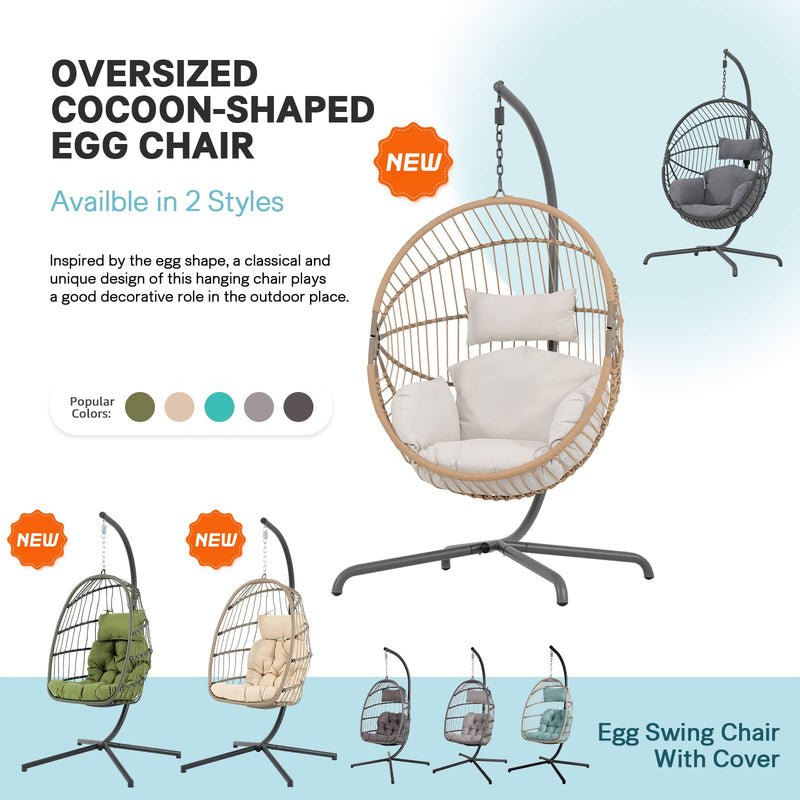 Patiorama Indoor Outdoor Egg Swing Chair with Stand, Oversized  Cocoon-Shaped Rope Woven Hanging Chair, Cushion,Safety Strap,Patio Wicker  Foldable