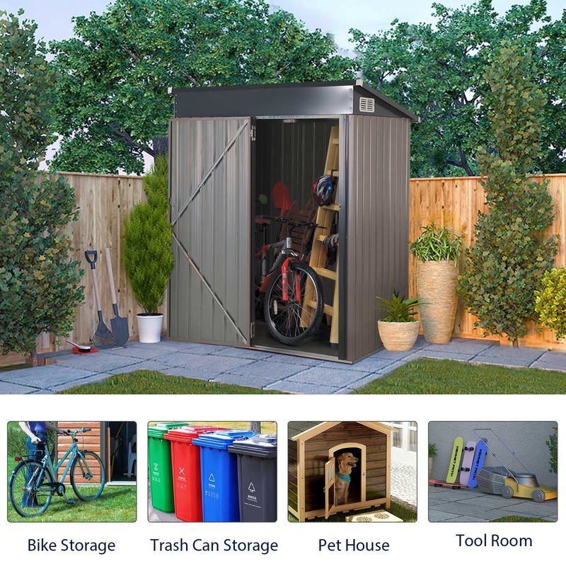 Outdoor Storage Shed, Galvanized Metal Garden Shed W/Lockable Door, Small Waterproof Storage Shed, Taupe