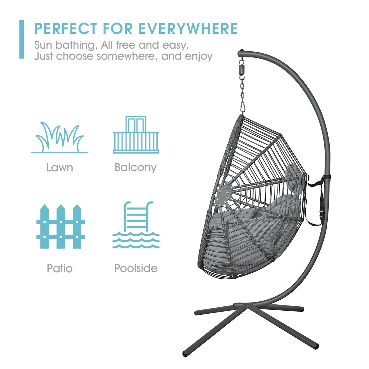 Indoor Outdoor Egg Swing Chair with Stand, Oversized Cocoon-Shaped Rope Woven Hanging Chair W/ Cushion, Safety Strap, Grey