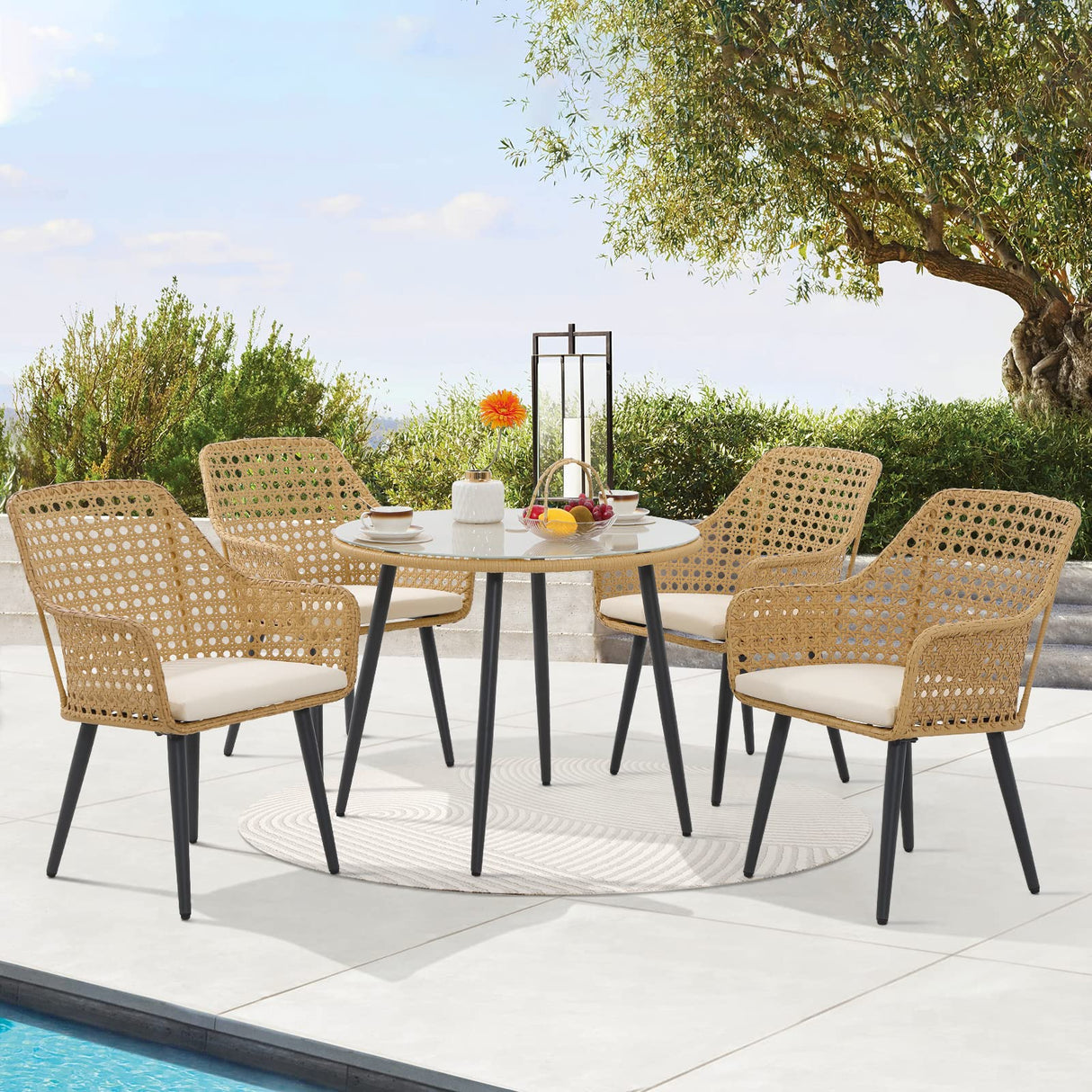 JOIVI Patio Dining Chairs Set of 2, Outdoor Rattan Chairs with Armrest and Cushions for Outside Lawn, Garden, Backyard, Indoor,